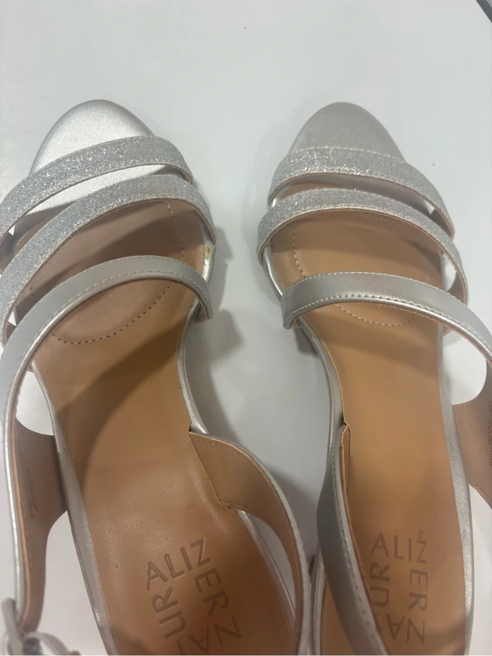 Naturalizer Silver Glitter Strappy Mid-Heel Sandals